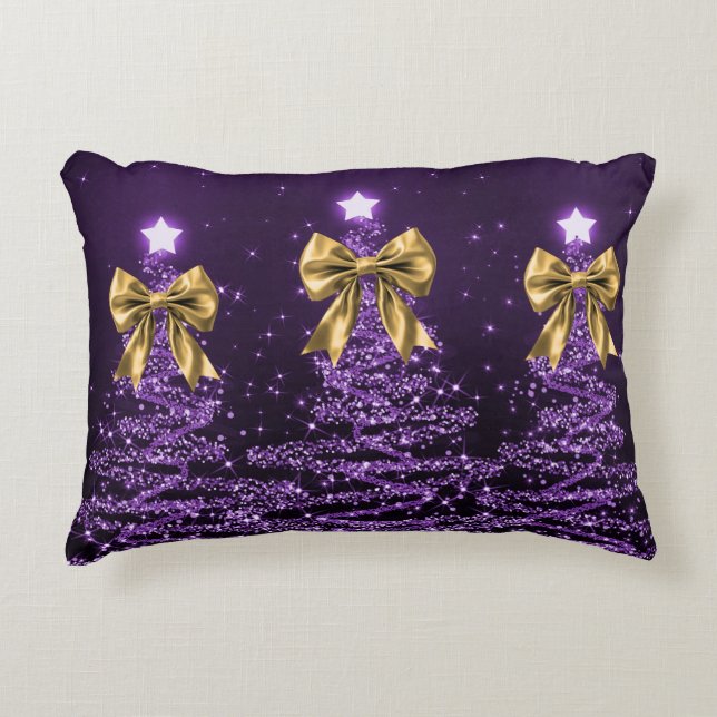 Almofada Decorativa Christmas Sparkling Trees Purple Faux Gold Bow  (Frente)