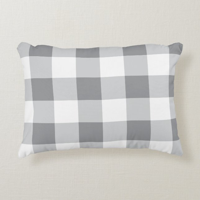 Almofada Decorativa Cinza E Padrão De Gingham Branco (Frente)