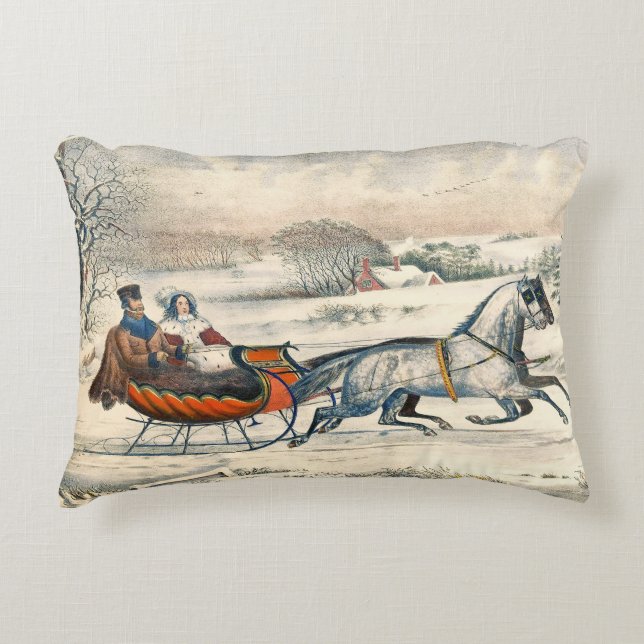 Almofada Decorativa Clássico Passeio de Trenó de 1853 Currier Ives Est (Frente)
