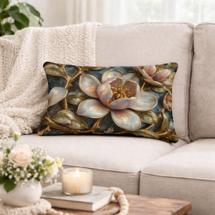 Almofada Decorativa Cloisonné Magnólia Floral Azul Dourado Trevo de Qu