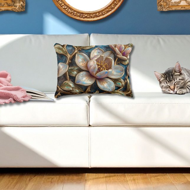 Almofada Decorativa Cloisonné Magnolia Floral Blue Gold Quatrefoil  (Criador carregado)
