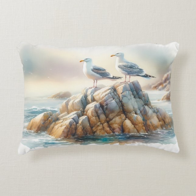 Almofada Decorativa Coastal Seagulls Watercolor Seascape (Frente)