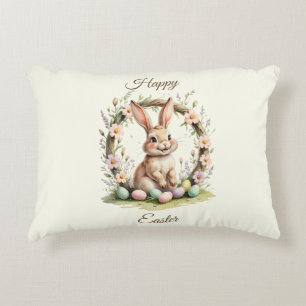 Almofada Decorativa Coelho Feliz da Páscoa Vintage com Coroa Floral