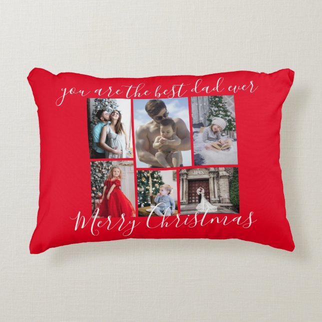 Almofada Decorativa Colagem de Fotos de Natal Feliz Pai Vermelho (Frente)