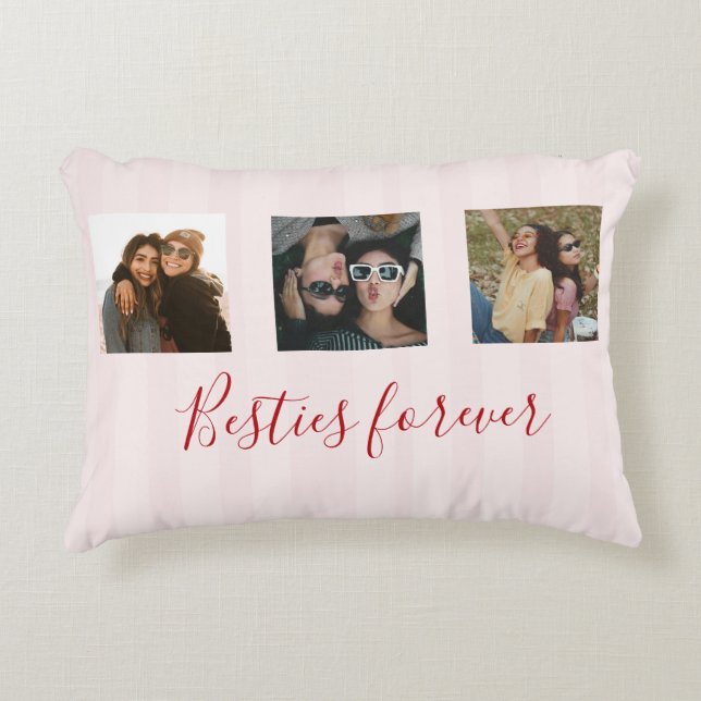 Almofada Decorativa coquette Custom Besties Photos Collage Pink Stripe (Frente)