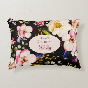 Almofada Decorativa Cor da Água Rosa e Rosas Amarelas em Preto, Aniver