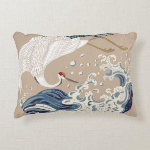 Almofada Decorativa Crane e Ilustração de Onda Japonesa. Tradicional