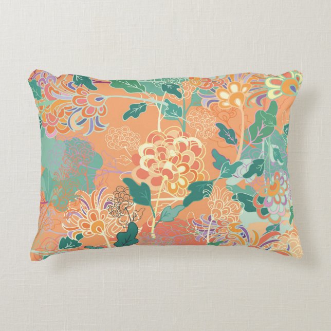Almofada Decorativa crisântemo chinês: padrão laranja floral. (Frente)