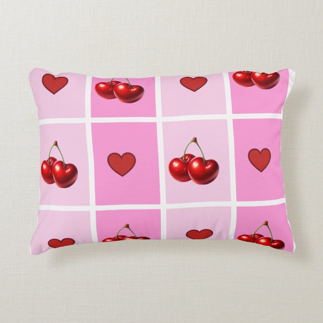 Almofada Decorativa Custom Cherry Heart Checkerboard Pattern (Frente)