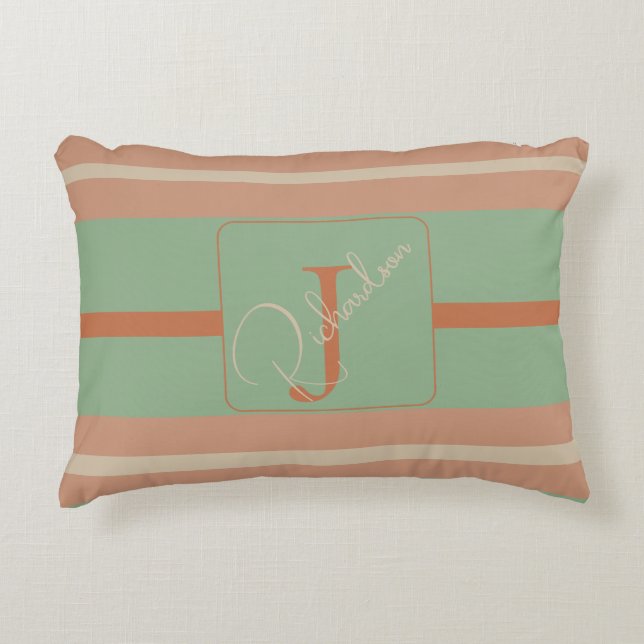 Almofada Decorativa Custom Coral Sage Stripe Monogram Boho Pastel Chi (Frente)