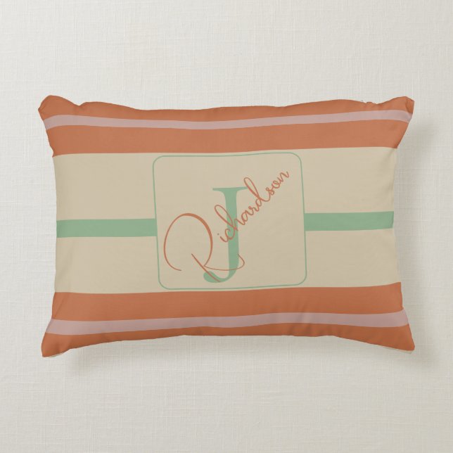 Almofada Decorativa Custom Coral Sage Stripe Monogram Boho Pastel Chi (Frente)