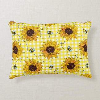 Almofada Decorativa Cute bees and sunflowers on a checkered background