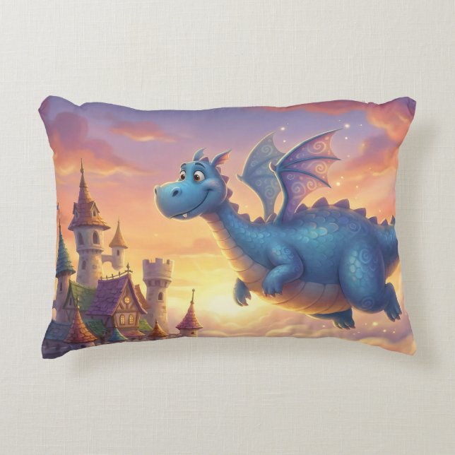 Almofada Decorativa Cute Blue Dragon Flying Over Castle (Frente)