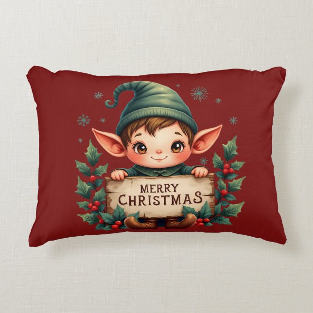 Almofada Decorativa Cute Christmas Elf Holding Merry Sign Red (Frente)