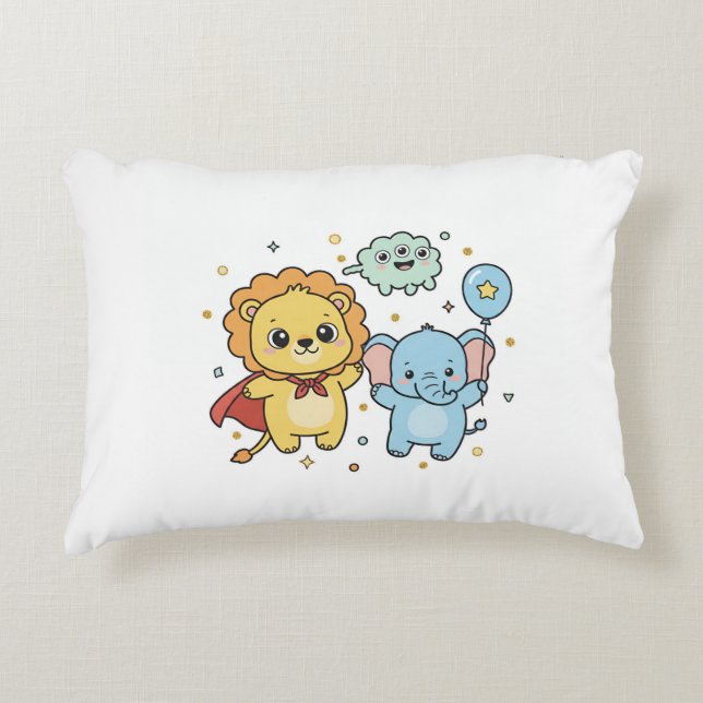 Almofada Decorativa Cute Superhero Lion and Elephant Friends Cartoon (Frente)
