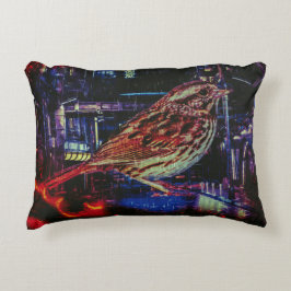 Almofada Decorativa Cyberpunk Sparrow em Neon Cityscape