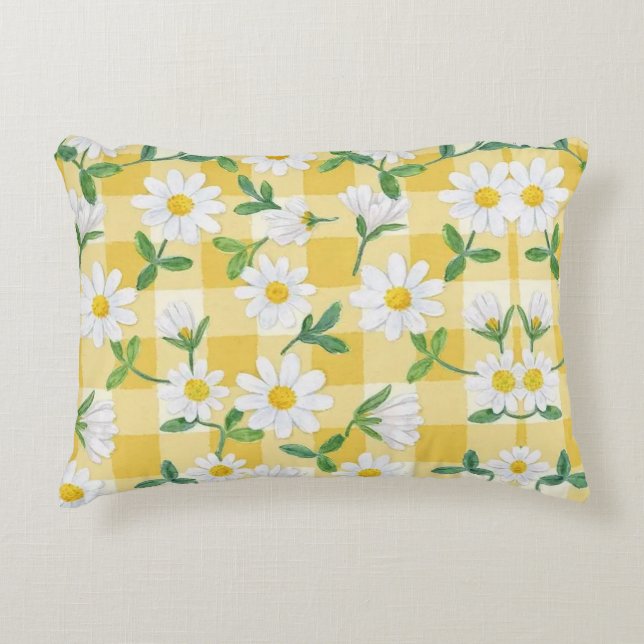 Almofada Decorativa Daisy Floral Yellow Gingham Throw Pillow (Frente)