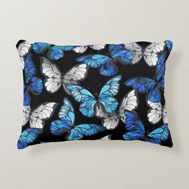 Almofada Decorativa Dark Seamless Pattern with Blue Butterflies Morpho (Frente)