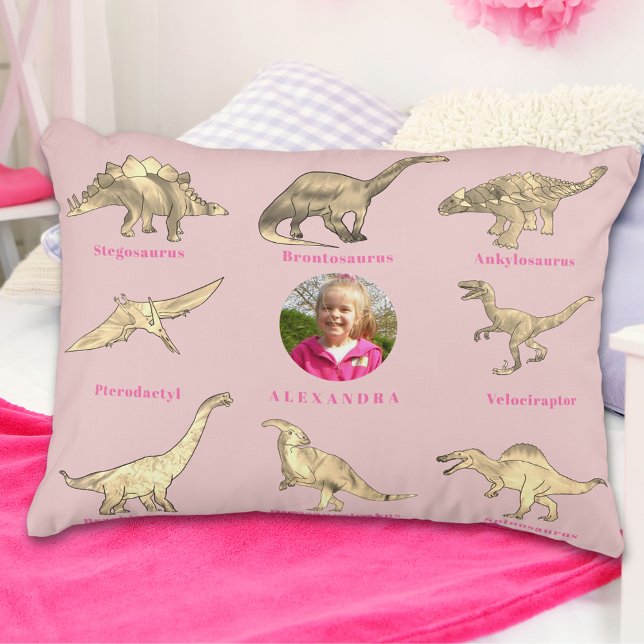 Almofada Decorativa Dinossauras Meninas Personalizadas Nome e Foto Ros (Dinosaur girls personalized name and photo pink pillow Dinos with their names educational kids gift)