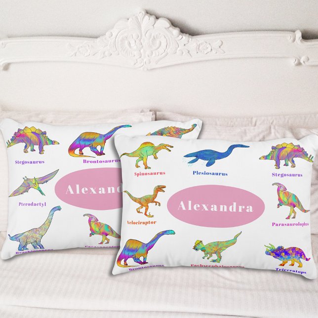Almofada Decorativa Dinossauro de Meninas Personalizadas (Colorful dinosaurs with names custom pink pillow for girls that love dinos T-Rex velociraptor )