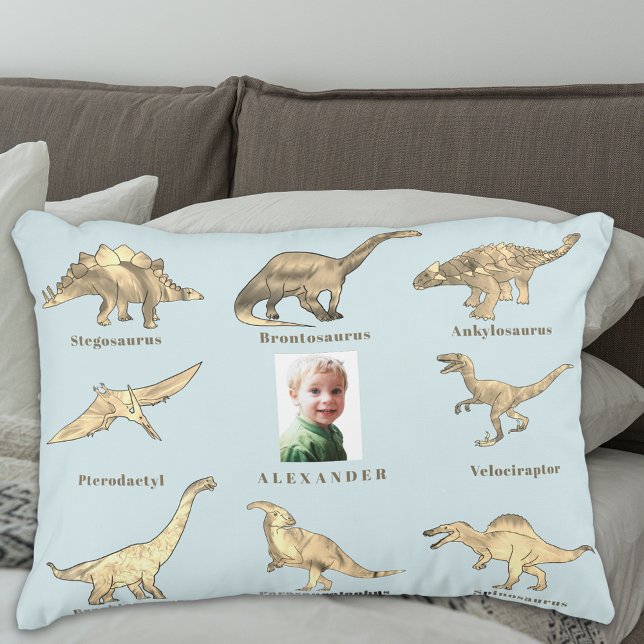 Almofada Decorativa Dinossauros Nome Personalizado e Azul Fotográfico (Boys dinosaur personalized photo blue pillow educational dinos with their names spelling fun design)