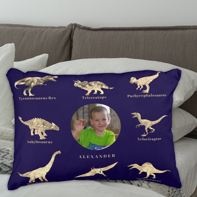 Almofada Decorativa Dinossauros Nome Personalizado e Azul Fotográfico (Dinosaur boys personalized name and photo educational dinos with names navy blue pillow)