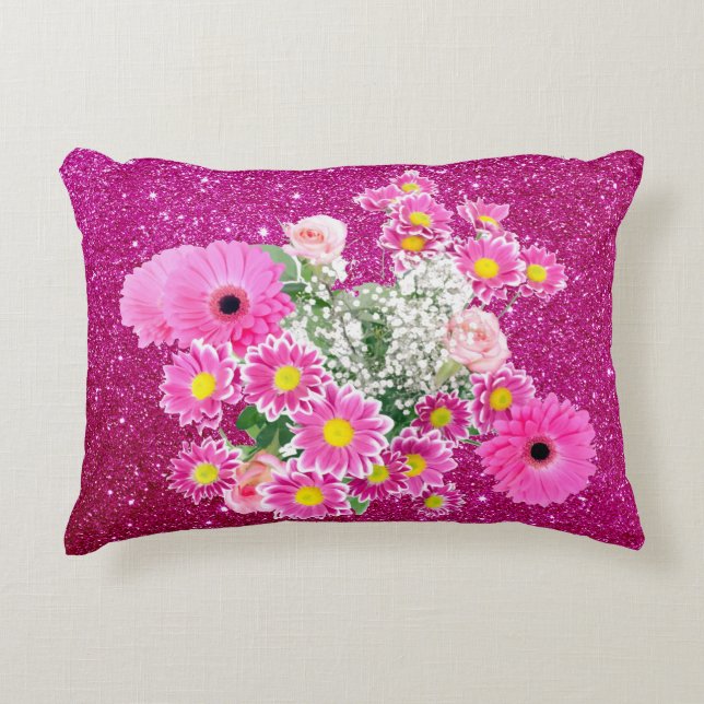 Almofada Decorativa Disjunção Floral Rosa Fuschia Faux Glitter (Frente)