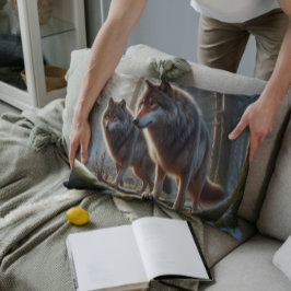 Almofada Decorativa Dois Lobos numa Floresta: Fauna Majestosa