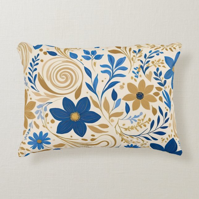 Almofada Decorativa Dourado azul e branco floral com espirais (Frente)