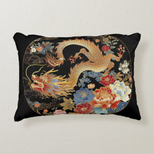 Almofada Decorativa Dragão e Flores Asiáticos