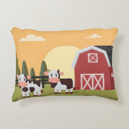 Almofada Decorativa Duas Vacas e um Celeiro Vermelho ao Nascer do Sol