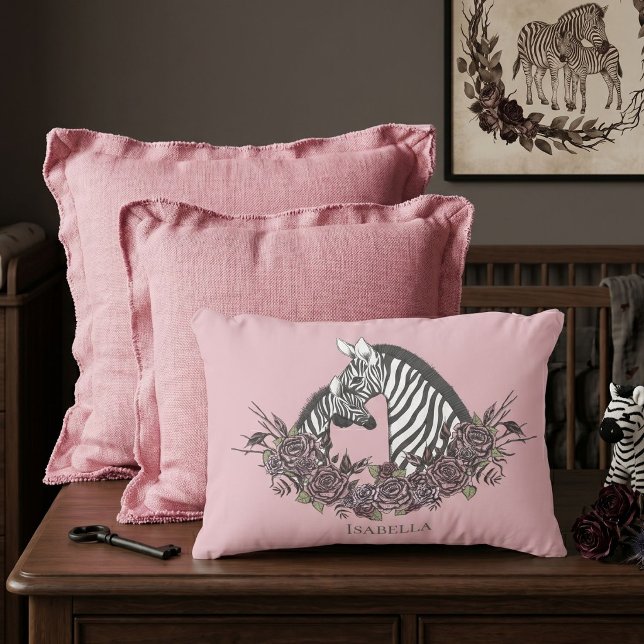Almofada Decorativa Dusty Pink Zebra Hand-Drawn Accent (Light mauve hand-drawn zebra mama and baby with moody roses for alternative soft gothic baby nursery)