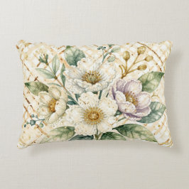 Almofada Decorativa Elegant Off White Flowers, Gold Lattice Pattern
