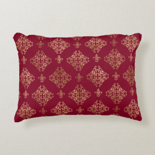 Almofada Decorativa Elegante Damasco Dourado Sobre Burgundy