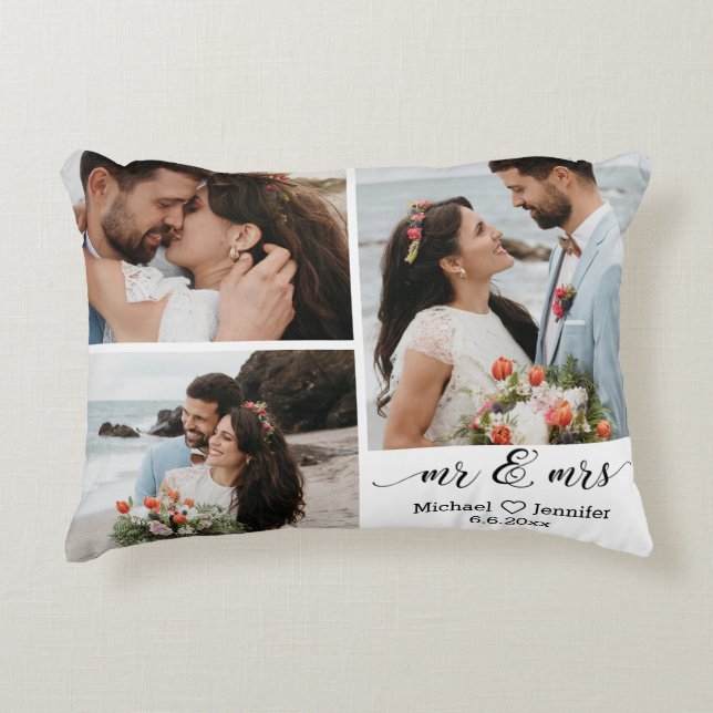 Almofada Decorativa elegante mr e mrs casamento colagem de 3 fotos  (Frente)