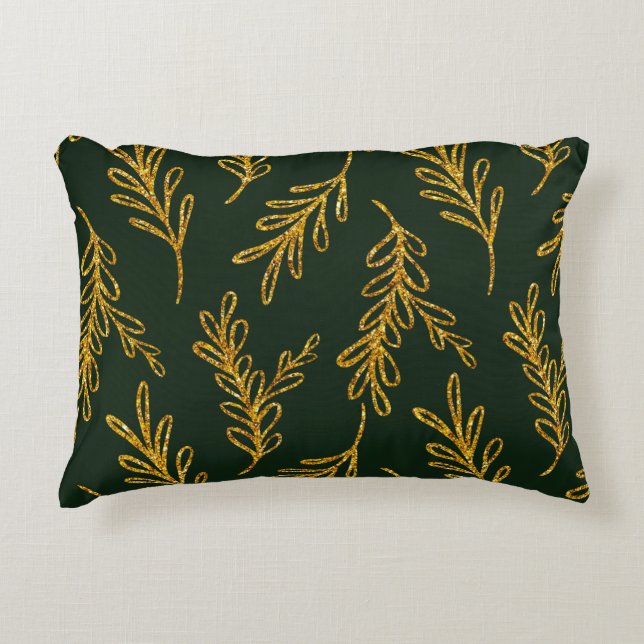 Almofada Decorativa Emerald Green e Dourada Floral Sprig Lumbar (Frente)