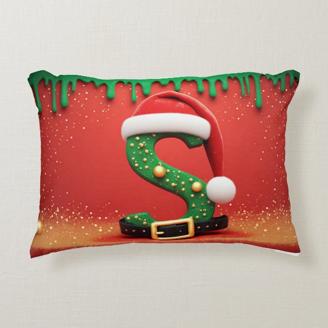 Almofada Decorativa Enfeite de Natal com Monograma S Presente de Féria (Frente)