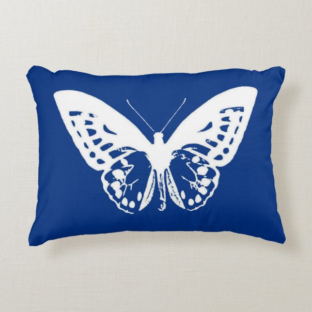 Almofada Decorativa Esboço da borboleta, azul de cobalto e branco (Frente)