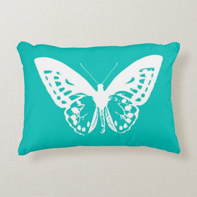 Almofada Decorativa Esboço da borboleta, turquesa e branco (Frente)