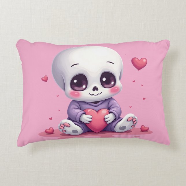 Almofada Decorativa Esqueleto Kawaii Segurando Coração (Frente)