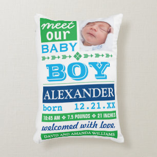 Almofada Decorativa Estatísticas de Nascimento de Foto de Bebê Menino
