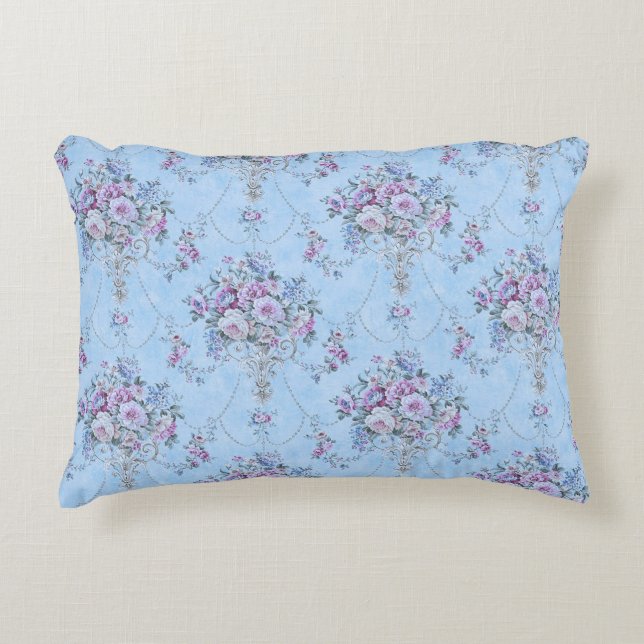 Almofada Decorativa Estilo Vitoriano Branco Azul Francês Floral (Frente)