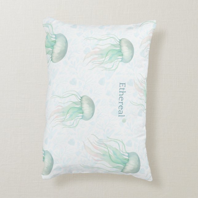 Almofada Decorativa Ethereal jellyfish throw pillow teal (Verso(Vertical))