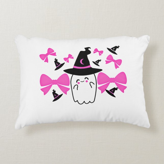 Almofada Decorativa Fantasma Coquette Rosa com Arcos no Halloween (Frente)