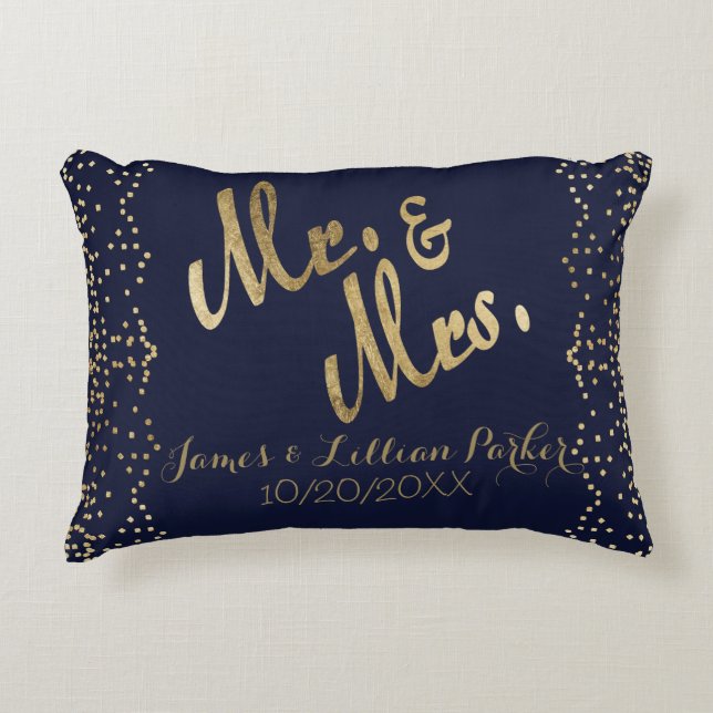 Almofada Decorativa Faux Dourado Marinho Blue Mr e Sra. Monograma Wedd (Frente)