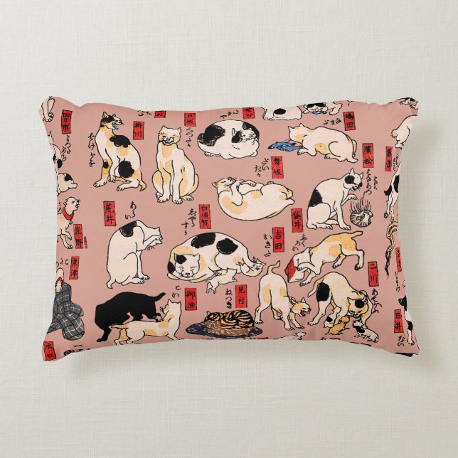 Almofada Decorativa felinos japoneses gatinho Ukiyo-e engraçado (Frente)