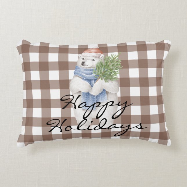 Almofada Decorativa Feliz feriado urso polar design tartan marrom boni (Frente)
