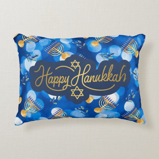 Almofada Decorativa Feliz Hanukkah Azul e Branco (Frente)