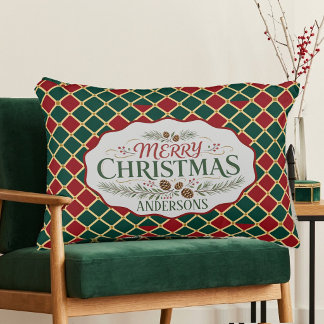 Almofada Decorativa Feliz Natal Nome da Família Tartan Xadrez Vintage 
