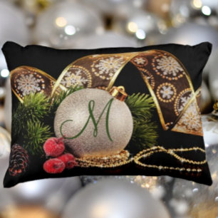 Almofada Decorativa Feriado Dourado, Prateado, Monograma Negro